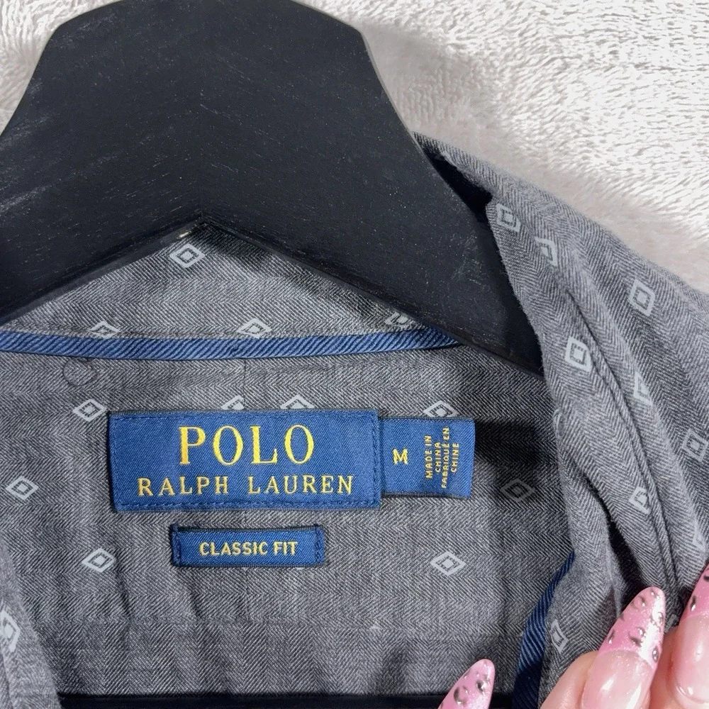 Polo Ralph Lauren Button Down Shirt Mens Medium Gray Geometric Print Cotton